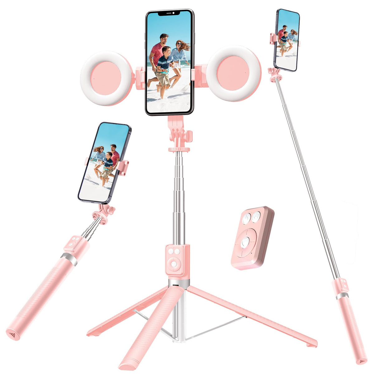 Selfie Stick Tripod with Fill Light Phone Selfie Stick ,Durable Stainless Steel Design Bluetooth Remote Control and Stable Three-Legged Support for Live Broadcasts Video Shooting (Pink)