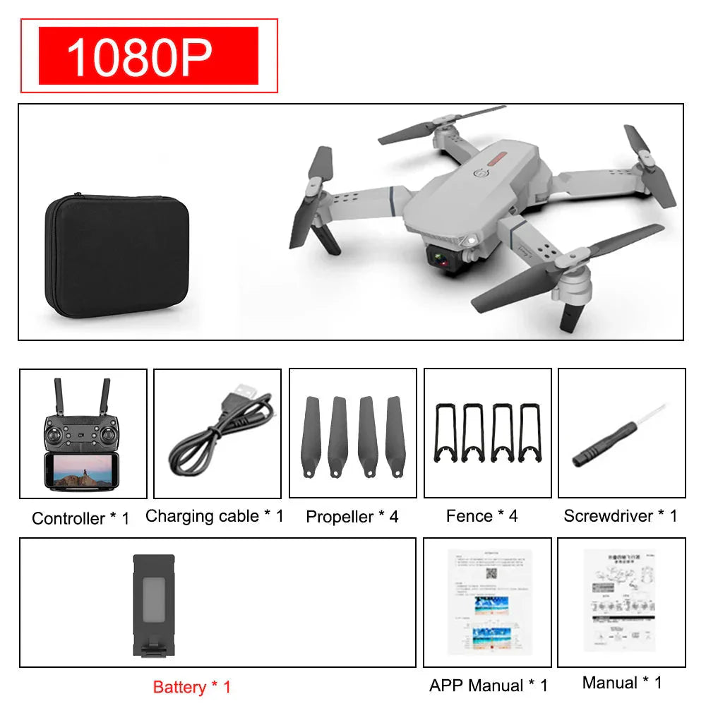E88 Pro Foldable Quadcopter Drone - WIFI FPV, HD 4KE88 Pro Foldable Quadcopter Drone Camera, Altitude Hold